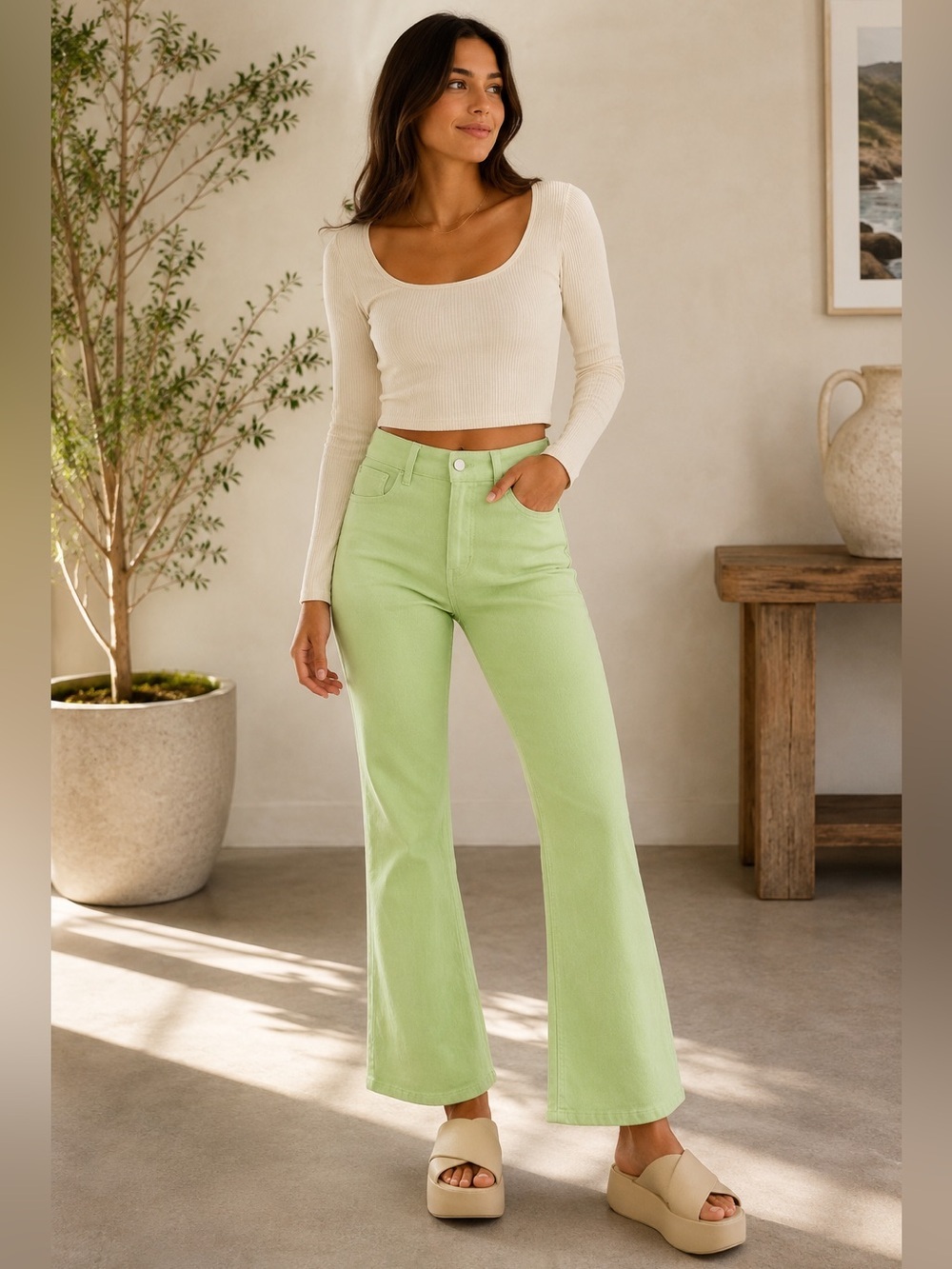ANTHROPOLOGIE Pilcro The Yaya Mid Rise Crop Flare Jeans Lime NEW